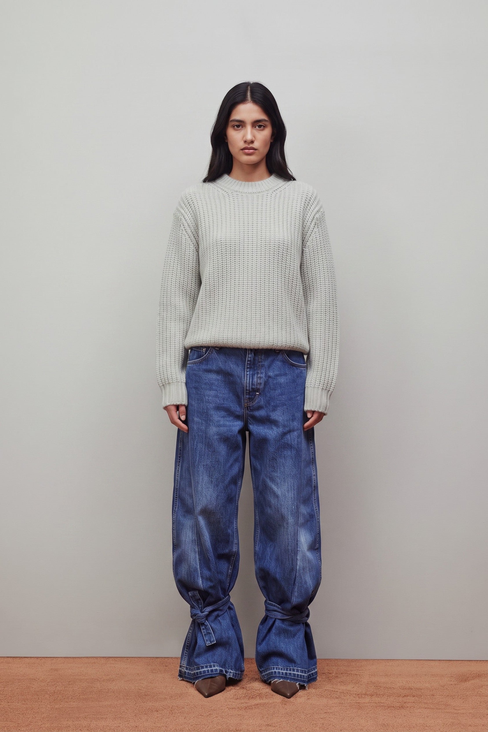 A model stands against a neutral light gray wall wearing a light gray ribbed knit sweater and wide-leg blue jeans with gathered cuffs.