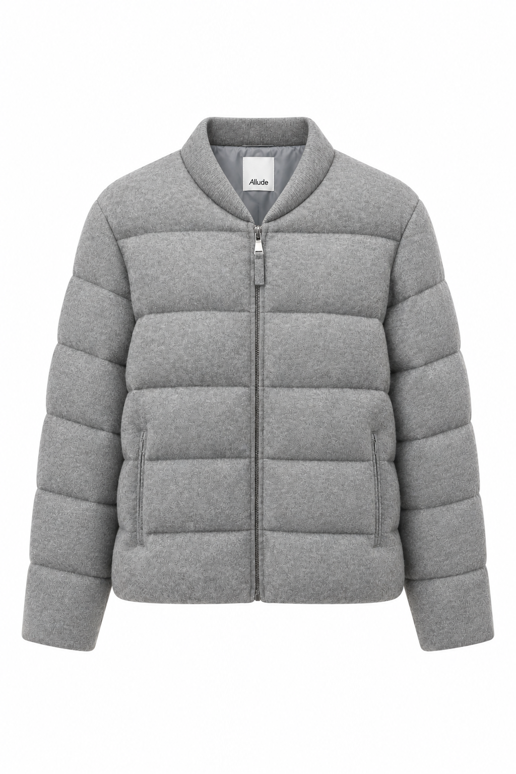 Gray Allude cashmere quilted jacket with stand collar, zip front, horizontal padding, and side pockets on a white background.
