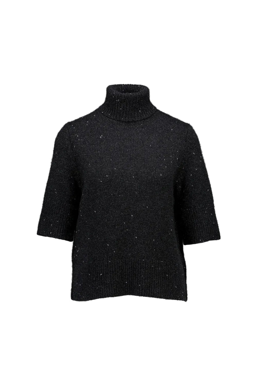 A black knit turtleneck sweater with subtle white speckles, shown against a plain light gray background.