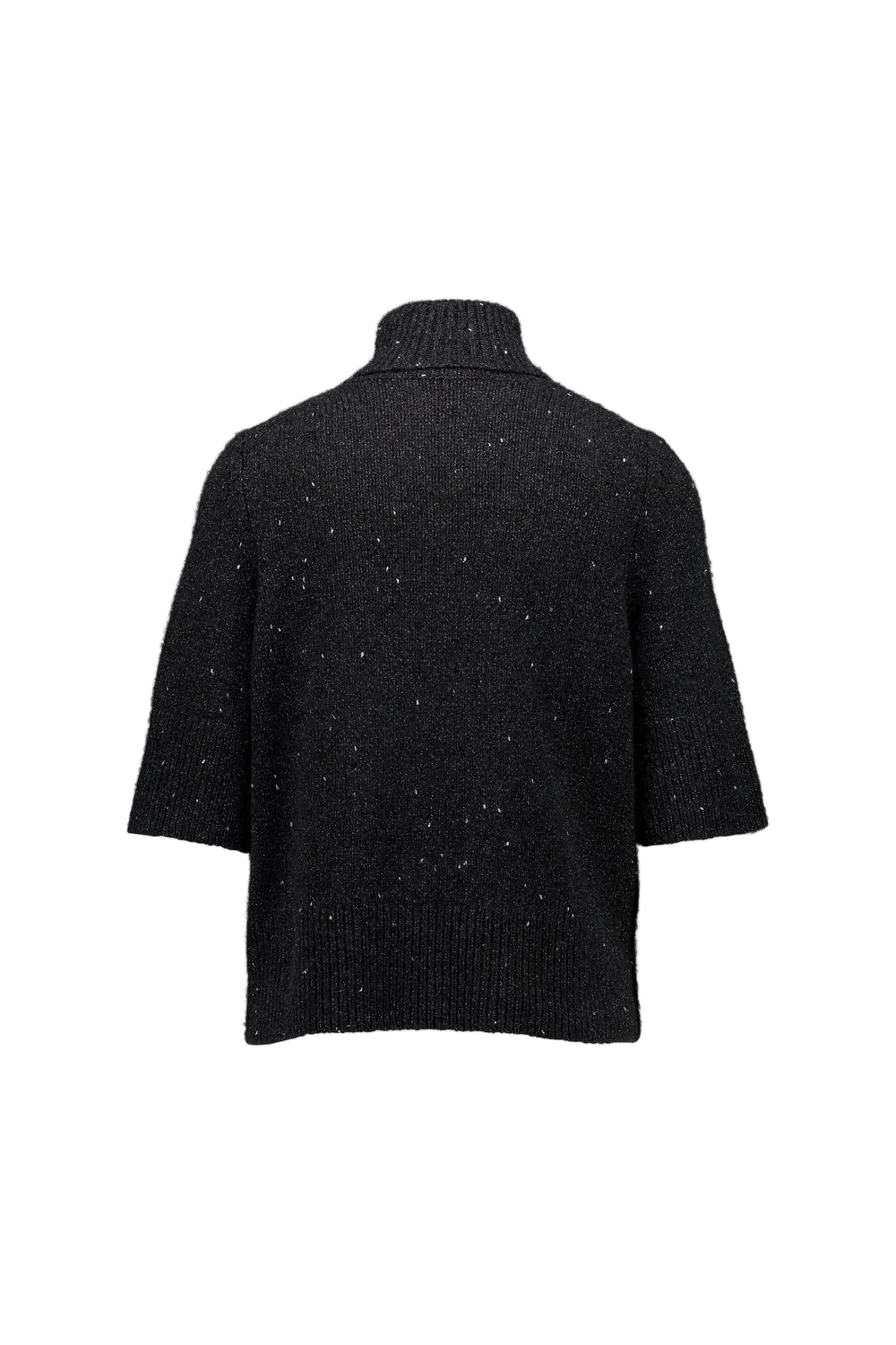 The back of a dark gray knit sweater with subtle silver glitter flecks, shown from the back against a light gray background.