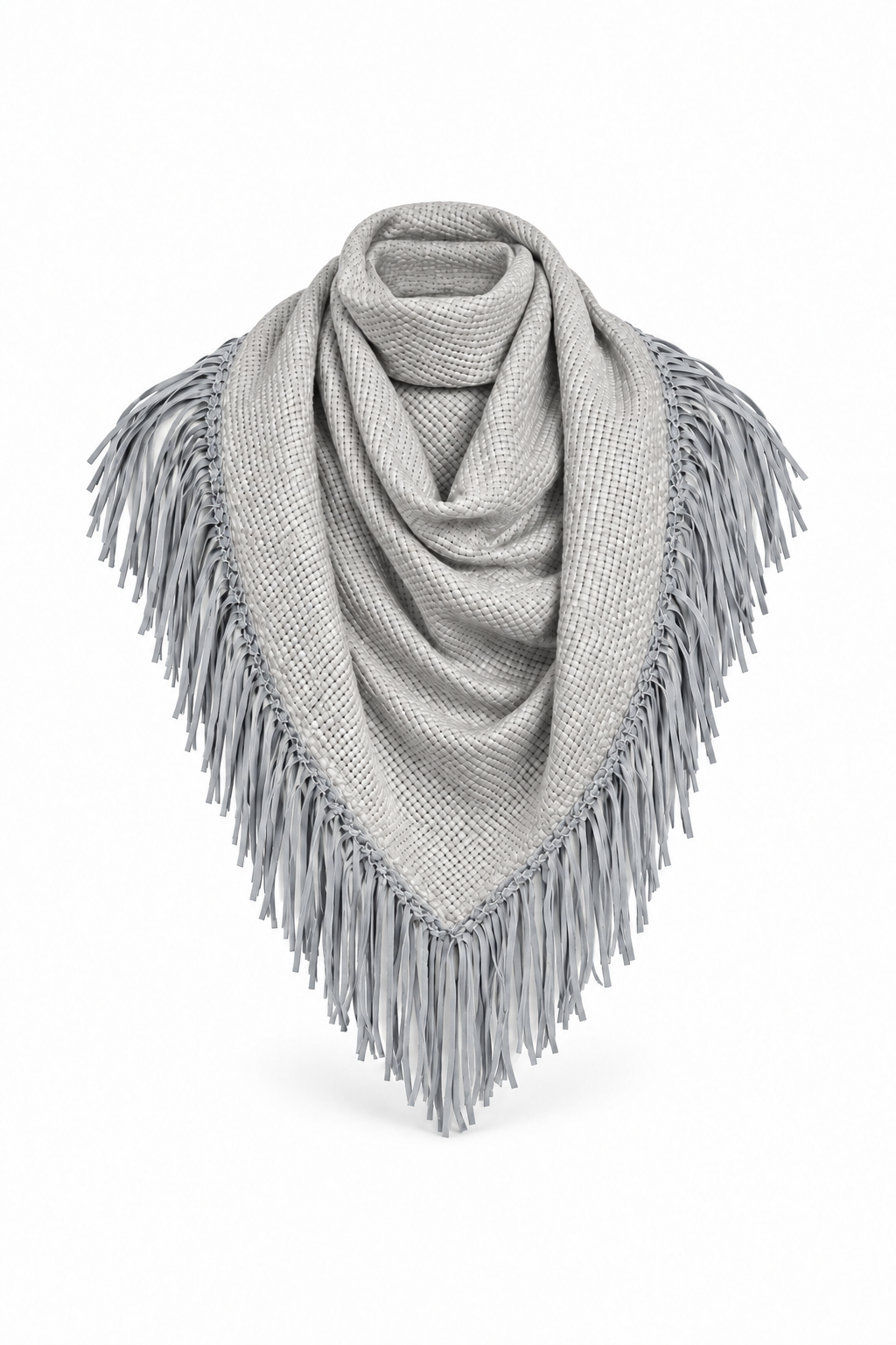 Light-gray triangular Bajra scarf with a textured weave, matching braided border, and long fringe displayed on a white background.