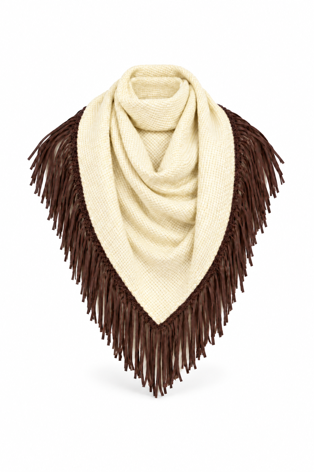 Pale yellow woven triangular Bajra scarf with dark chocolate braided trim and long fringe, displayed on a ghost mannequin against a white background.