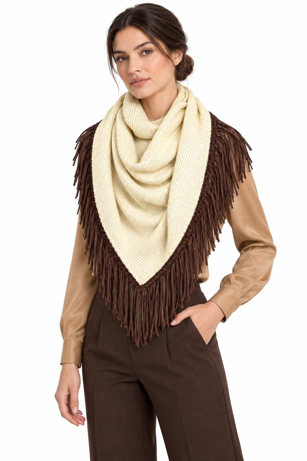 Female model wearing a pale yellow woven Bajra scarf with dark chocolate braided trim and fringe, styled with a camel blouse and dark brown trousers.