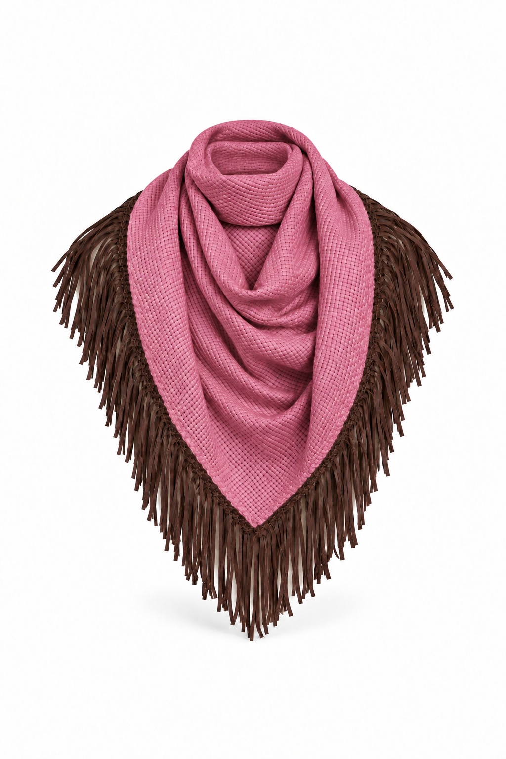 Dusty rose-pink triangular Bajra scarf with a textured weave, dark chocolate braided border, and long fringe on a white background.