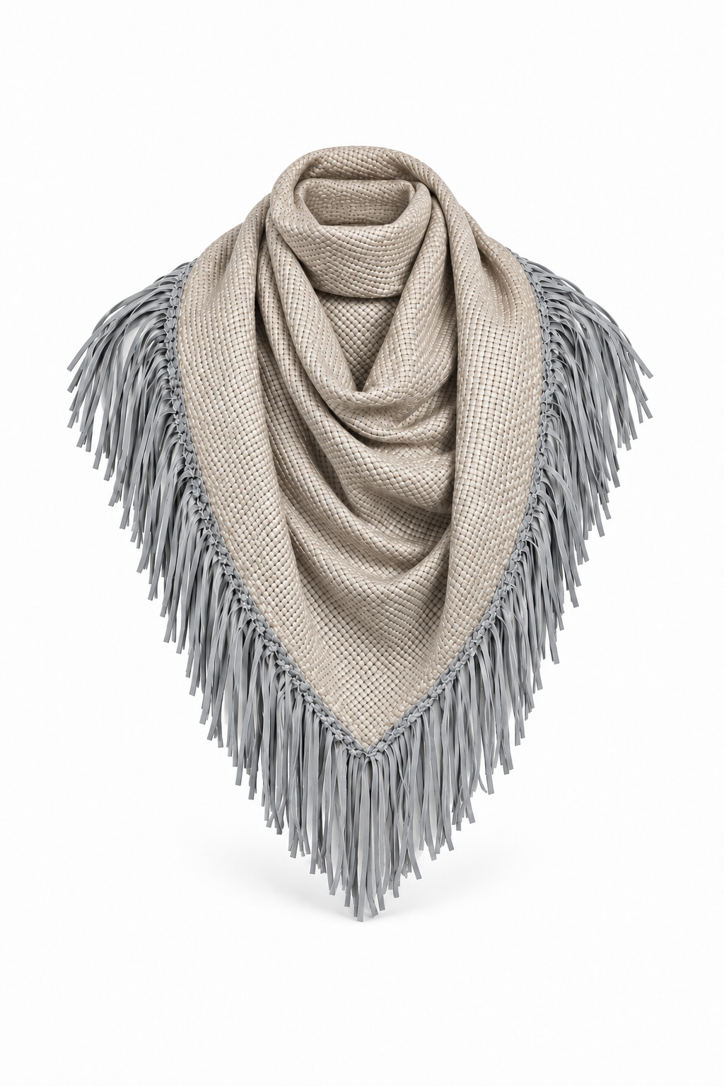 Taupe woven triangular scarf with cool gray fringe, arranged in layered folds on a white background.