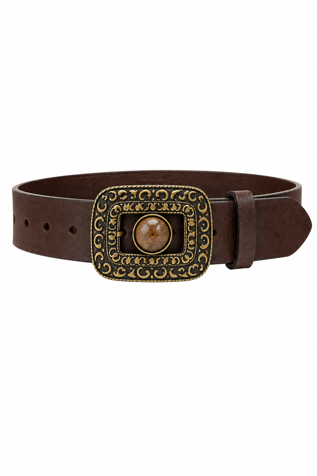 Brown ba&sh Boni leather belt featuring an oversized antique brass-tone rectangular buckle with ornate scrollwork and a round marbled centerpiece, displayed on a white background.
