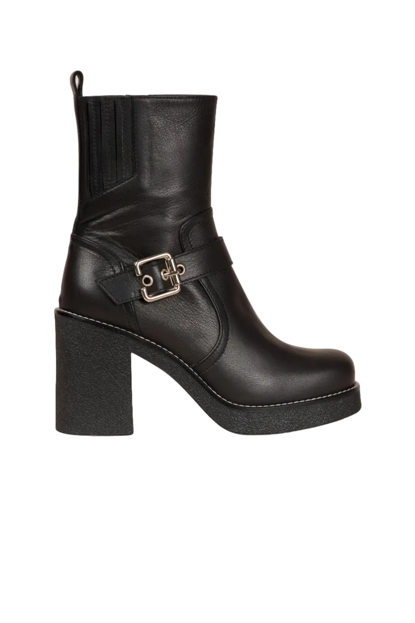 Black leather boot with a gold buckle on a white background.