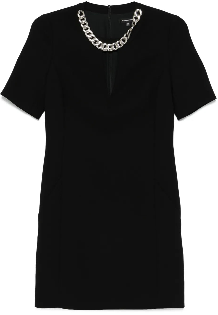Black dress with a silver chain detail on a white background
