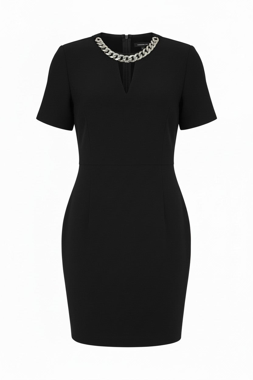 Black dress with a chain detail on a white background.