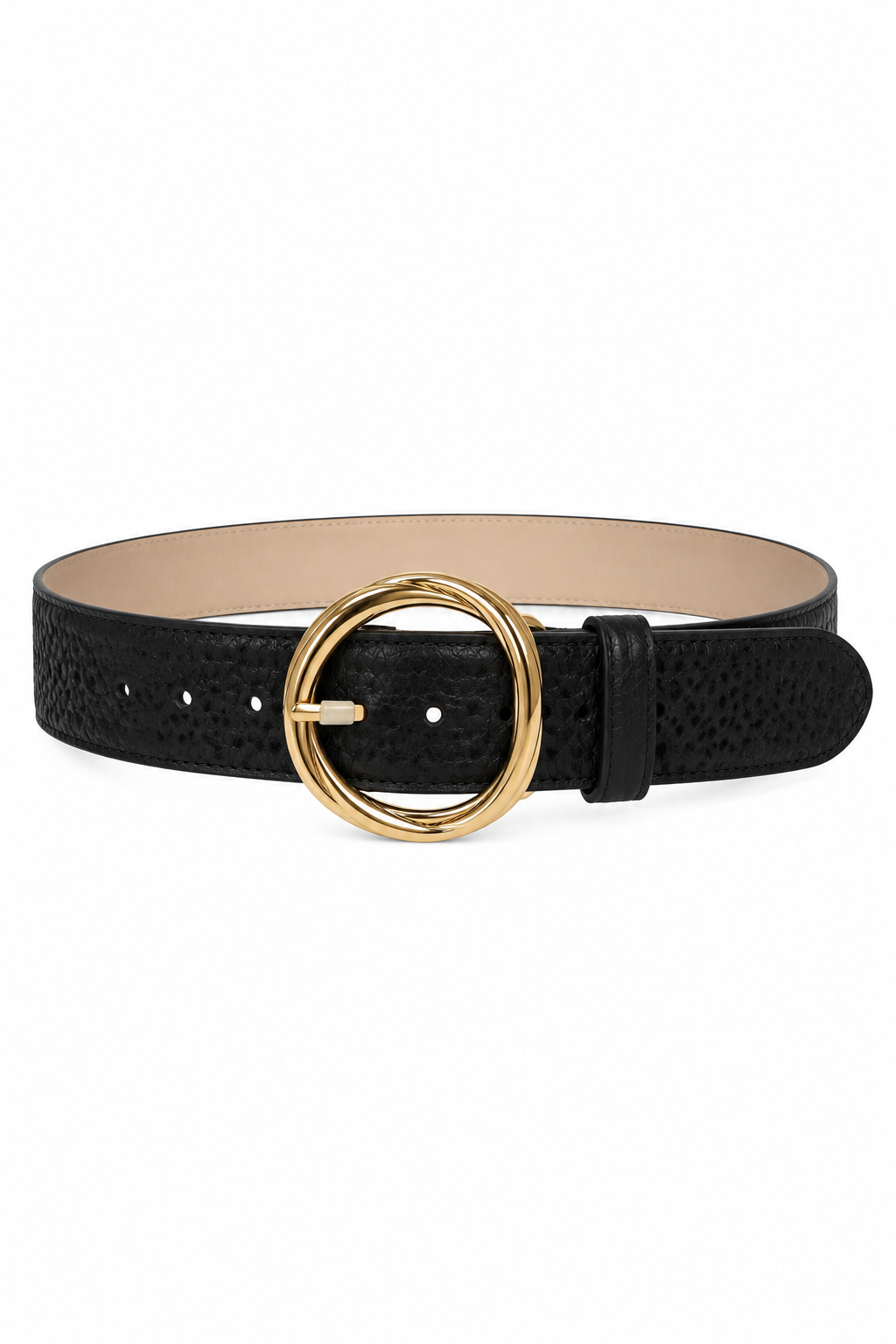 Wide black pebbled leather belt featuring an oversized polished gold-tone circular buckle, adjustable pin closure, and matching leather keeper, centered on a white background.