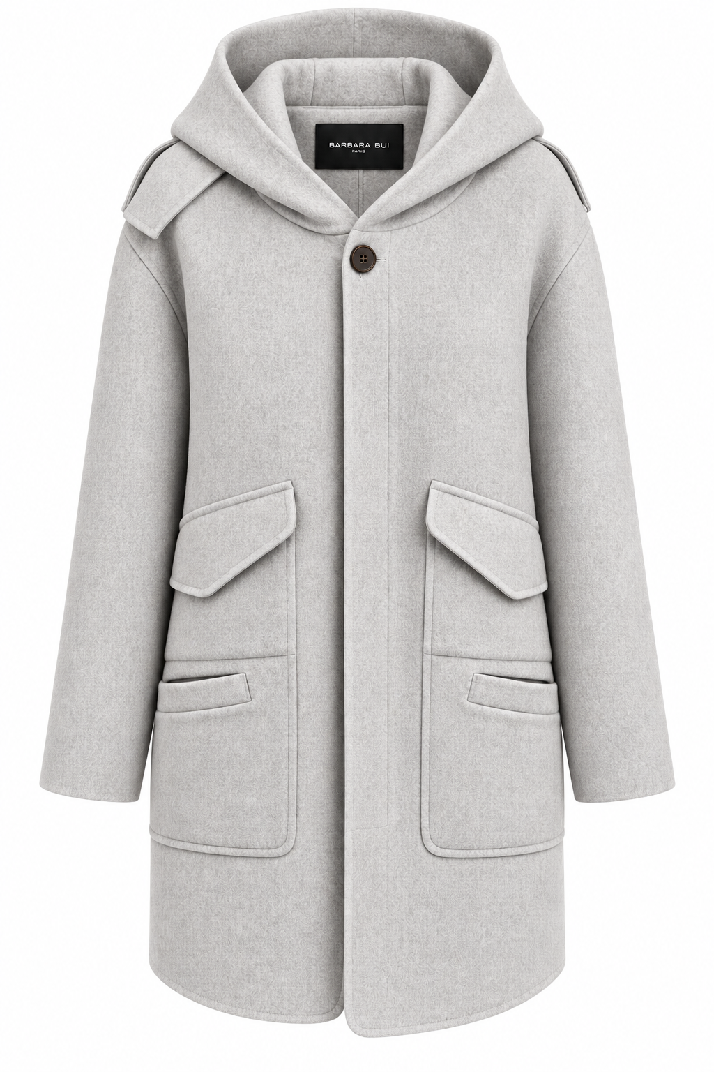 Light gray Barbara Bui hooded wool and cashmere coat with button closure and oversized front patch pockets.