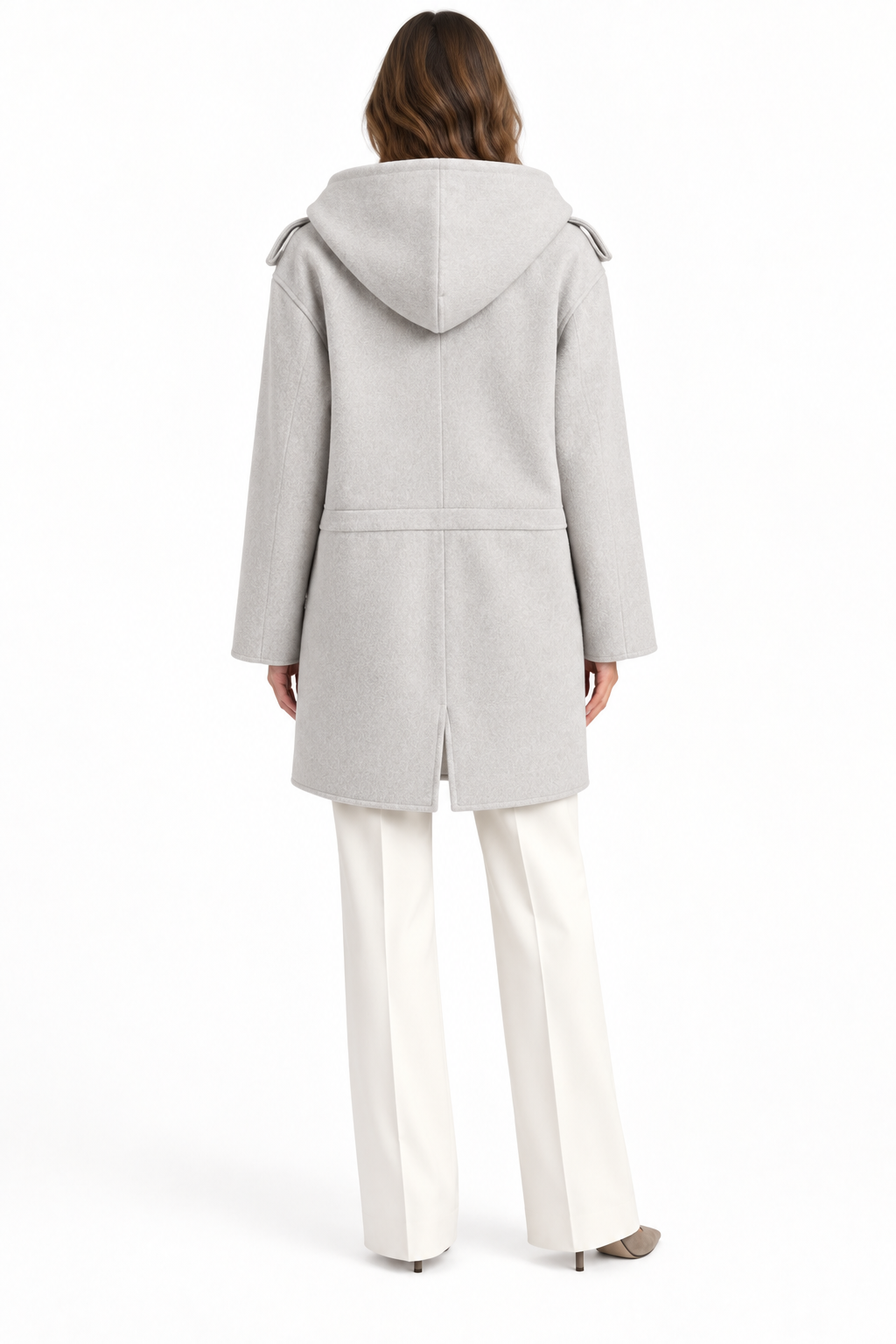 Model wearing a light gray Barbara Bui hooded wool and cashmere coat showing the oversized hood and back seam detailing, back view.