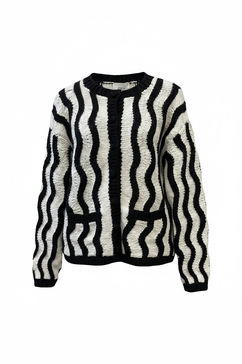 Black and white striped cardigan on a white background.