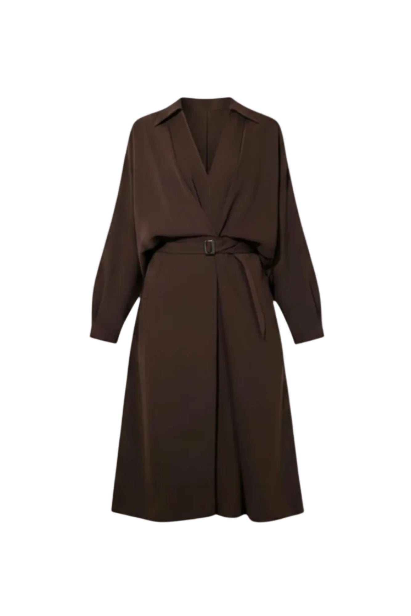 A dark brown wrap dress with long sleeves, a V-neckline, and a matching tie belt at the waist, shown against a plain white background.