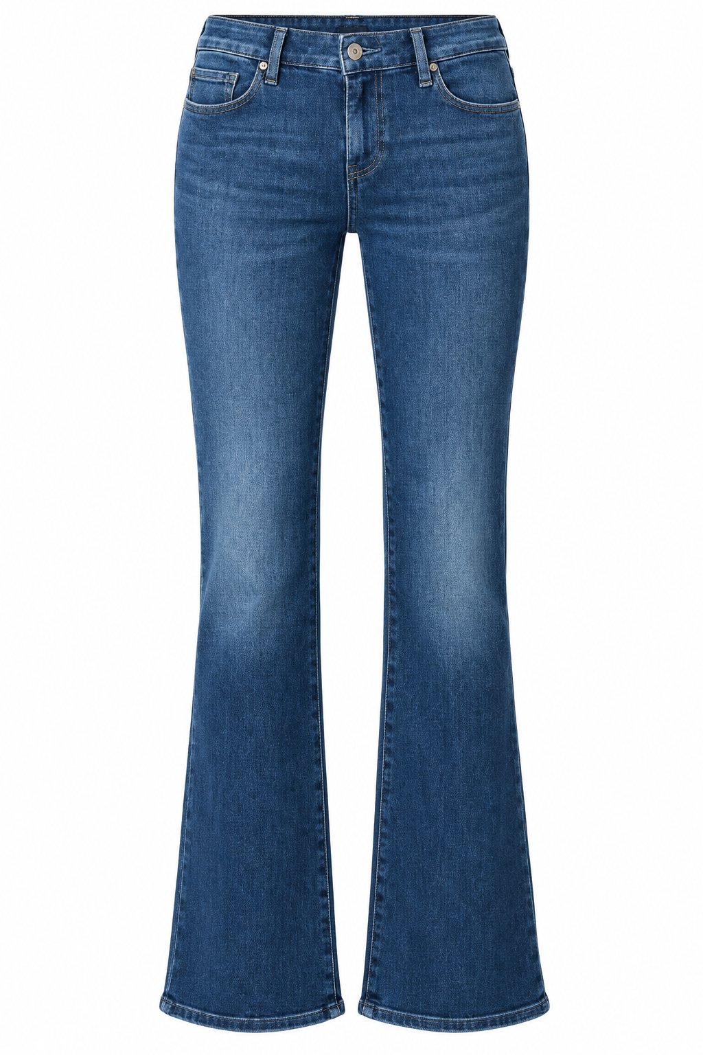 Medium-wash blue bootcut jeans with subtle fading, classic five-pocket styling, contrast stitching, and a gently flared leg, shown in a front-facing ghost mannequin view.