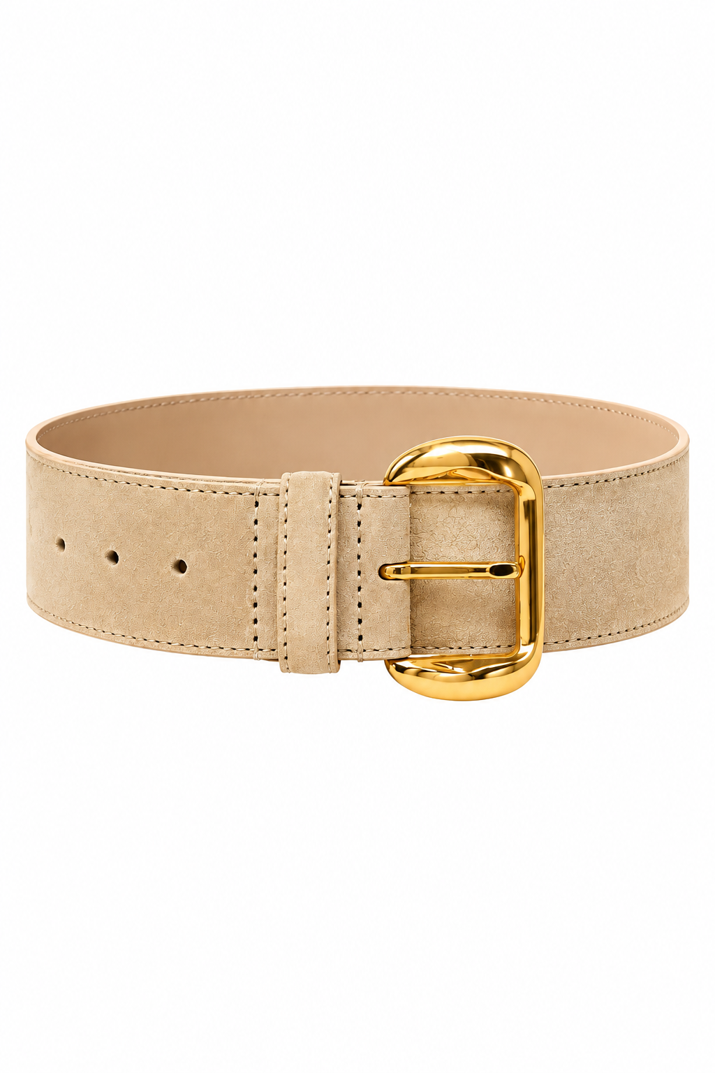 Wide beige suede belt with tonal stitching, adjustable holes, matching leather keeper, and polished gold buckle on a clean white background.