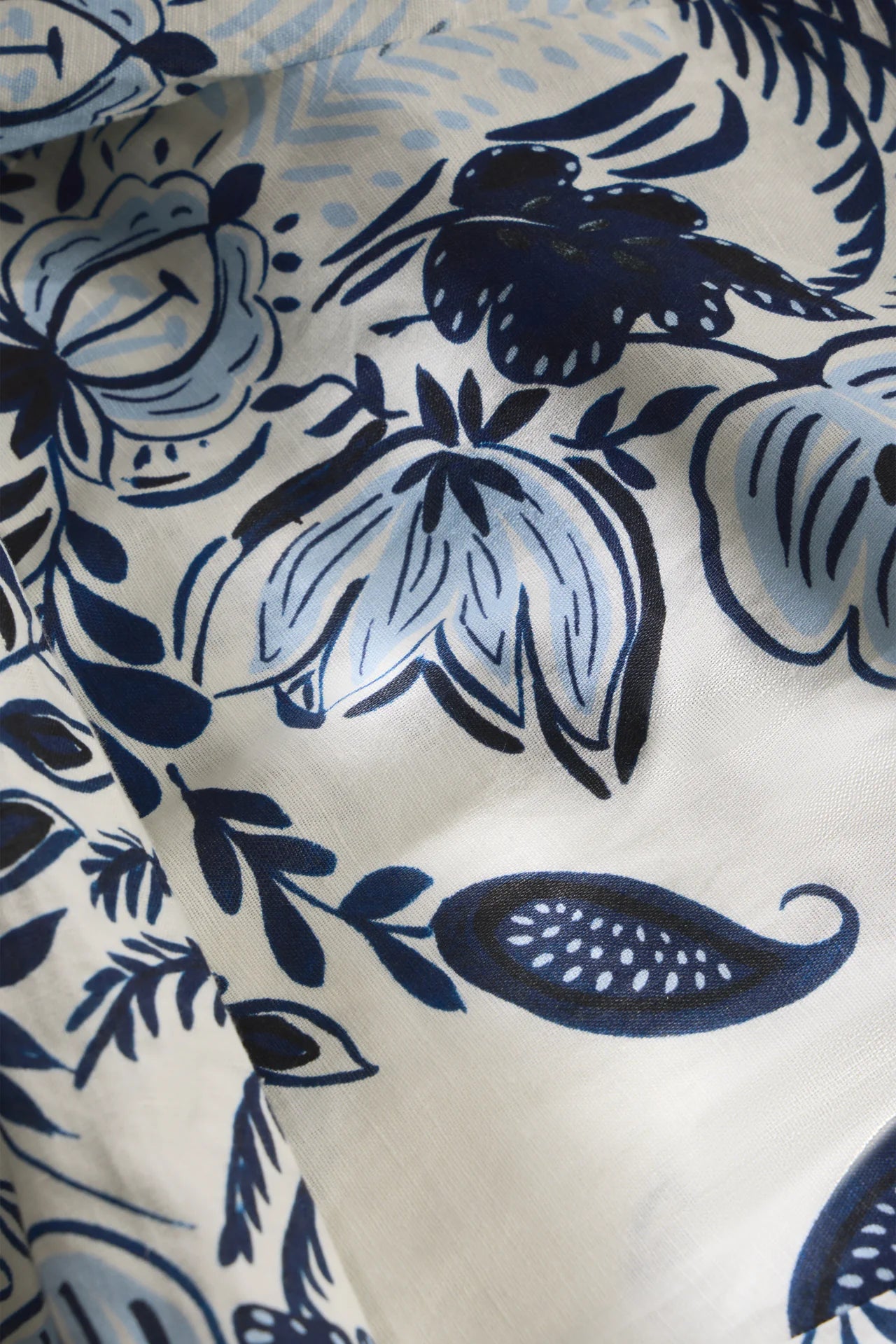 Close-up of blue floral pattern on white fabric.