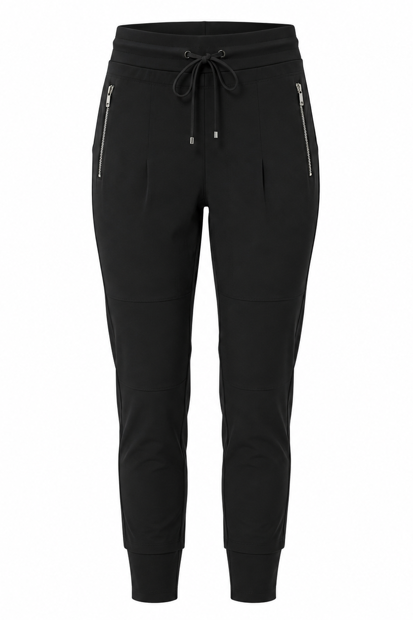 Black jogger-style pants with an elastic drawstring waist, zippered side pockets, and ribbed ankle cuffs, shown on a plain white background.