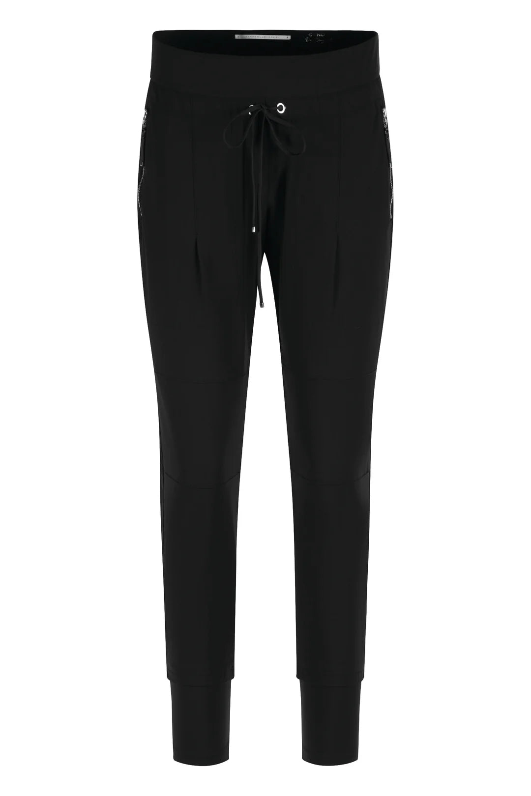 Black pants with drawstring waist on a white background