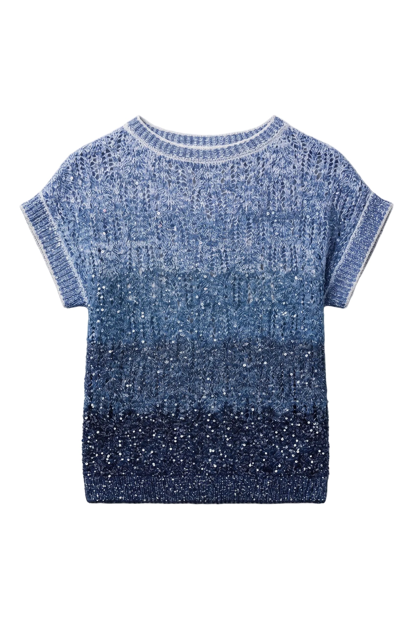 Blue knitted sweater on a white background.