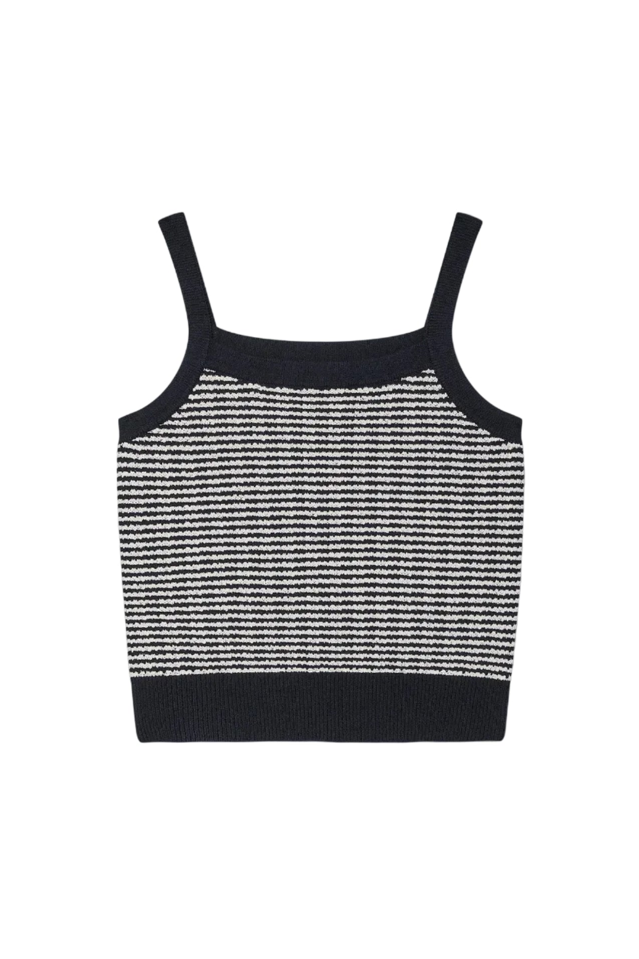Midnight blue and ivory striped tank top on a white background.