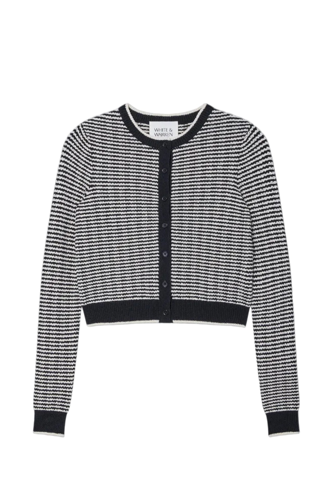 Midnight blue and ivory patterned cardigan on a white background.