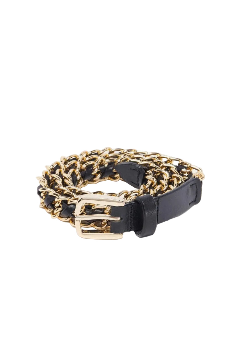 Gold chain belt with black leather strap on a white background.