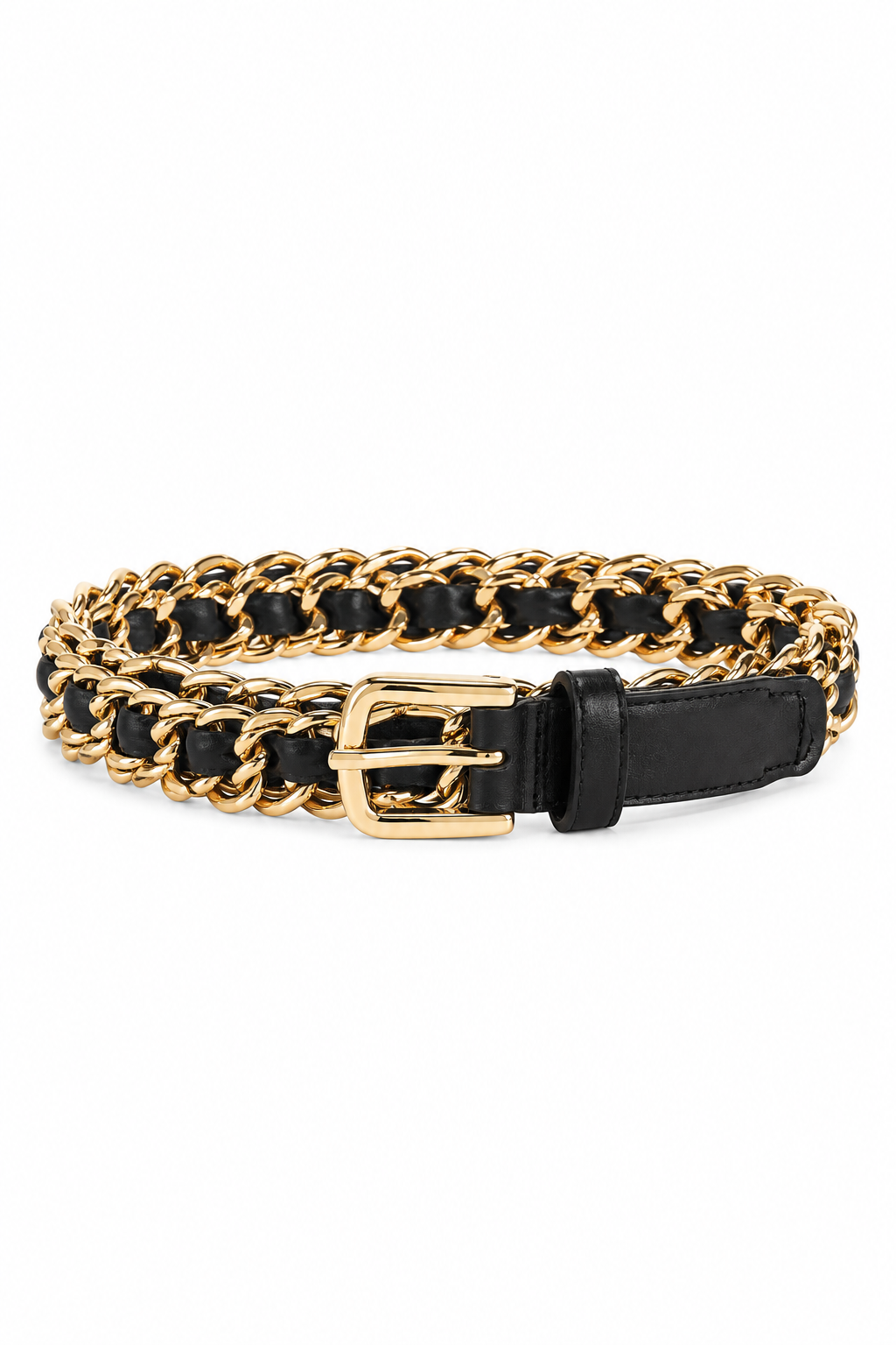 Black leather and gold-tone chain woven belt featuring a polished rectangular buckle, adjustable closure, and matching leather keeper, displayed on a white background.