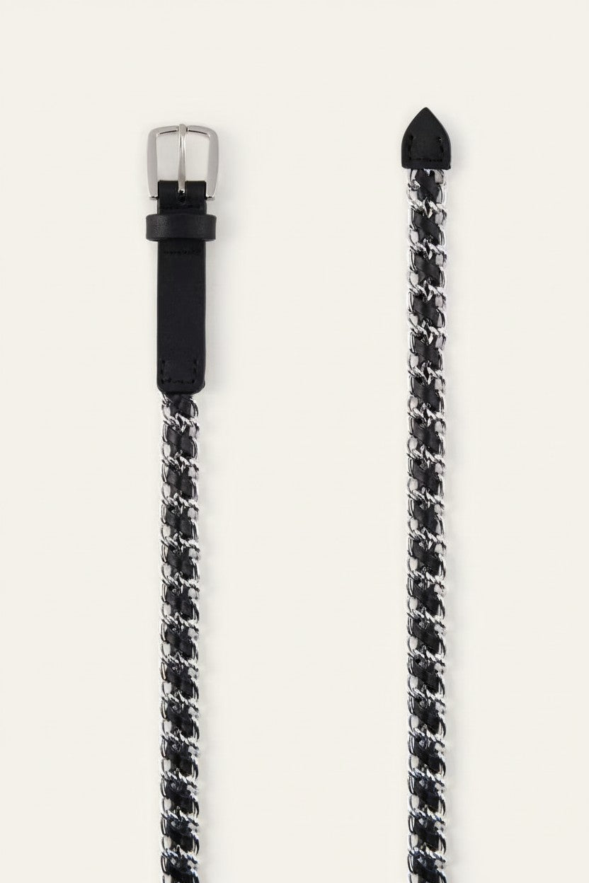 Black and silver braided belt with metal buckle on a white background