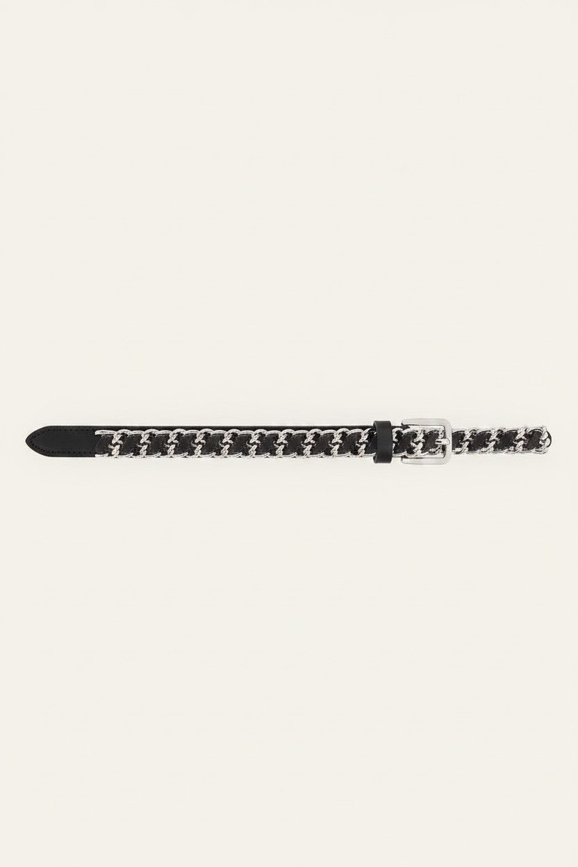 Black belt with silver detailing on a white background.
