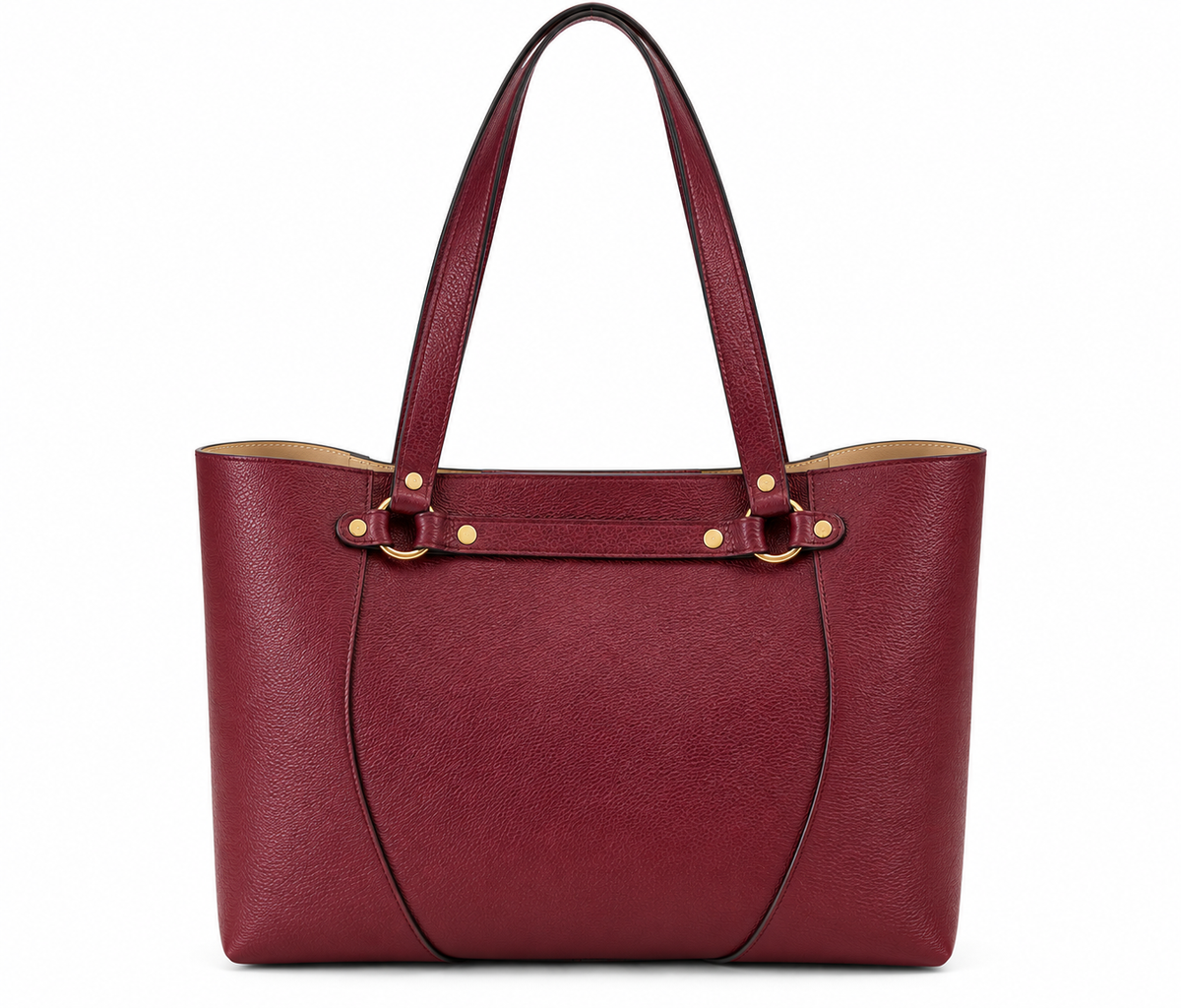Back view of the Cuoieria Fiorentina Clara Shopping Bag in rich Bordeaux pebbled leather, featuring double leather shoulder straps, gold-tone hardware, decorative strap detailing, and a structured silhouette against a clean white background.