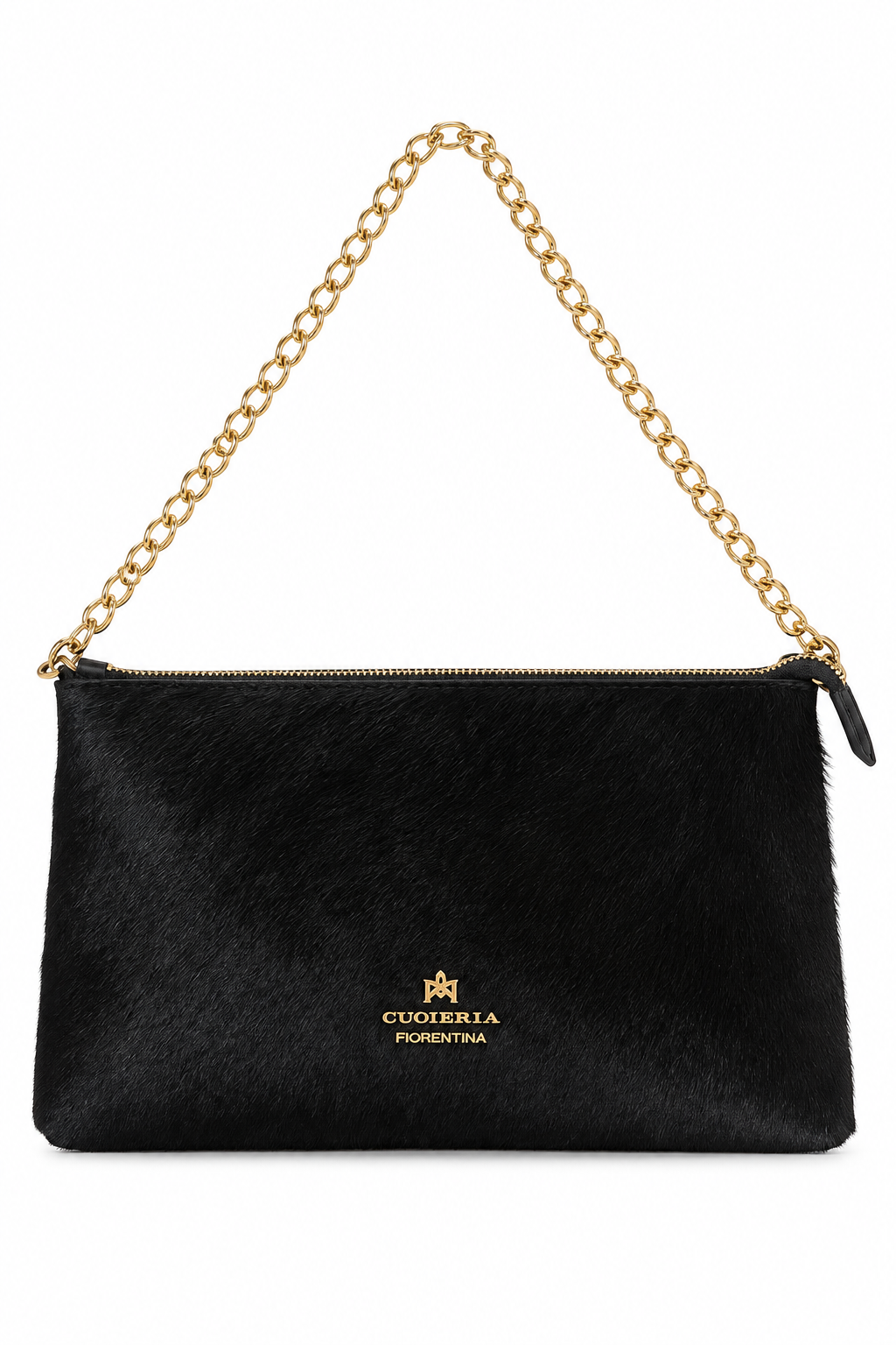 Cuoieria Fiorentina Cavallino black calf hair pouch featuring a sleek rectangular silhouette, gold-tone chain strap, zip-top closure, and signature gold logo against a white background.