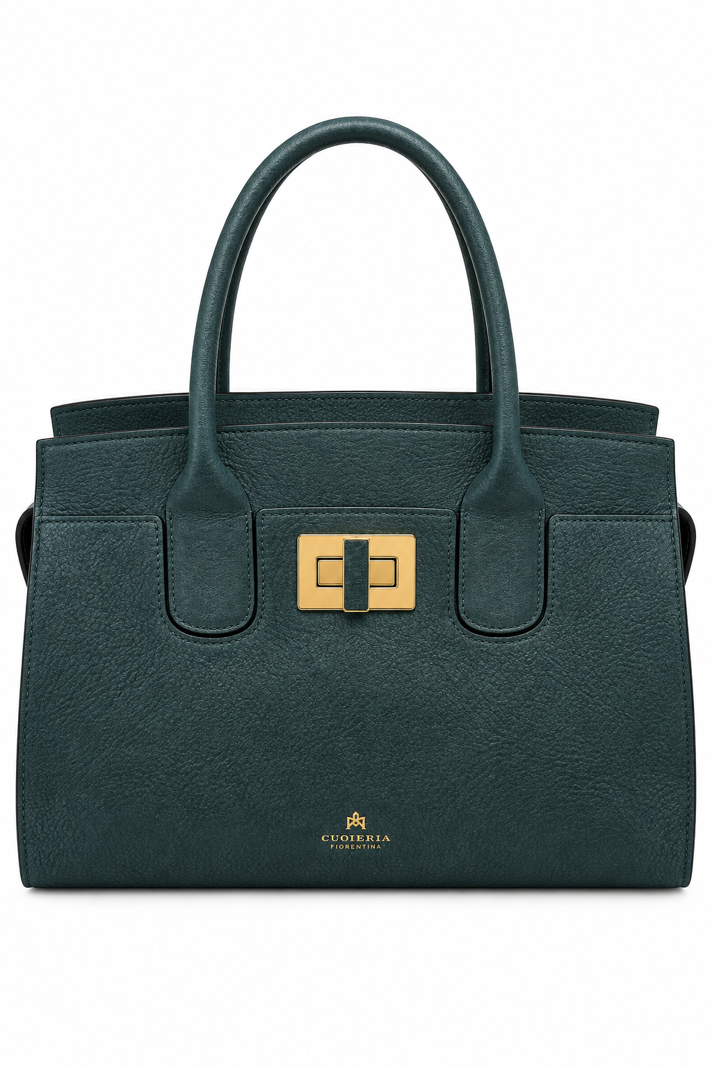 Front ghost mannequin view of the Cuoieria Fiorentina Bella Soft Medium Tote in deep ocean green pebbled leather, featuring double rounded handles, polished gold-tone turn-lock hardware, and signature gold logo detailing.