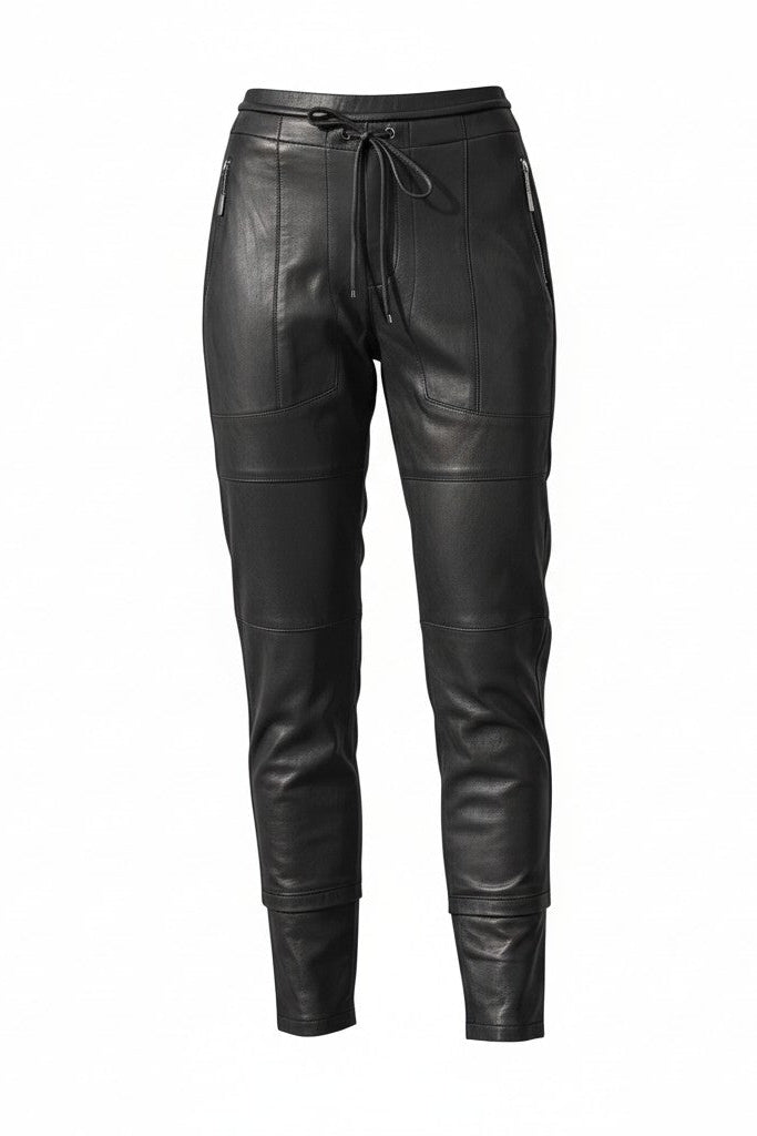 Black leather pants on a white background.