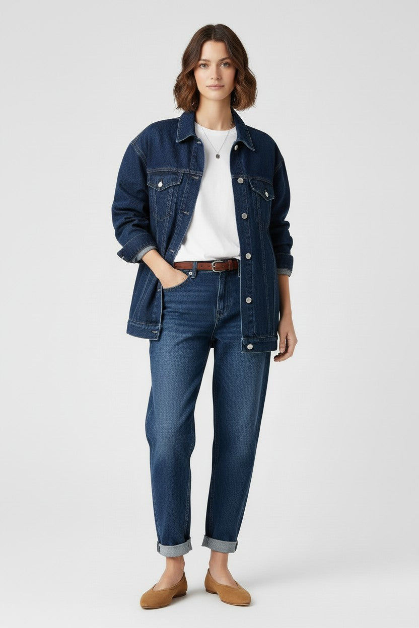 Woman wearing a denim jacket and jeans on a white background.