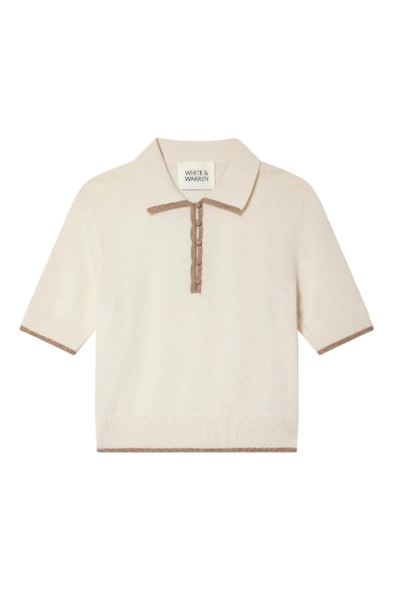 Beige polo shirt with brown accents on a white background.