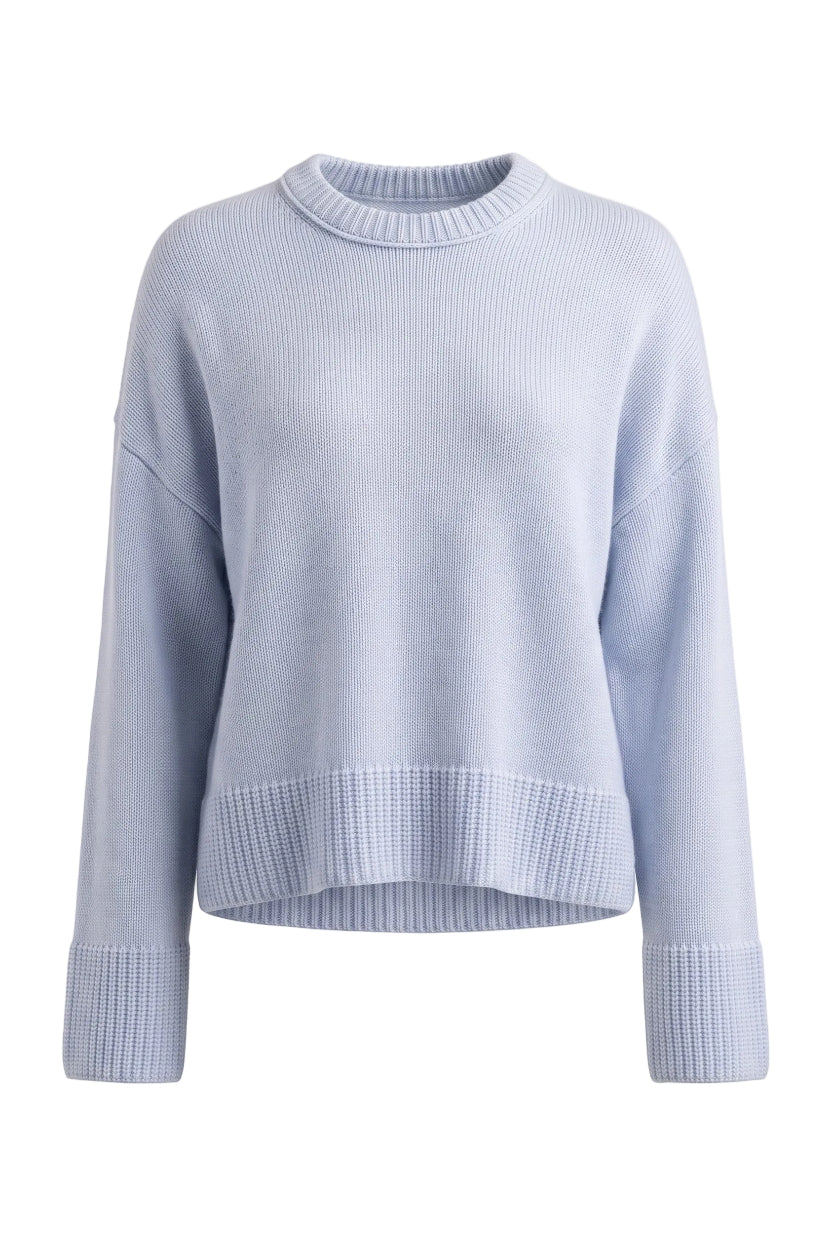 A light periwinkle blue ribbed knit sweater with a crew neck, long sleeves, and ribbed trim at the hem and cuffs, shown against a plain white background.