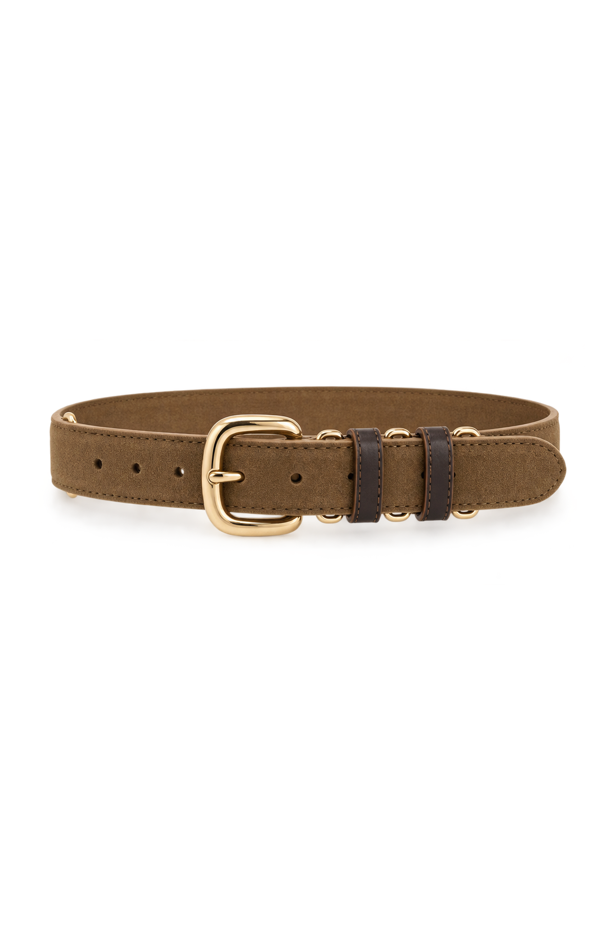 A brown leather belt with a gold-tone buckle and matching gold-tone hardware, displayed horizontally on a clean white background.