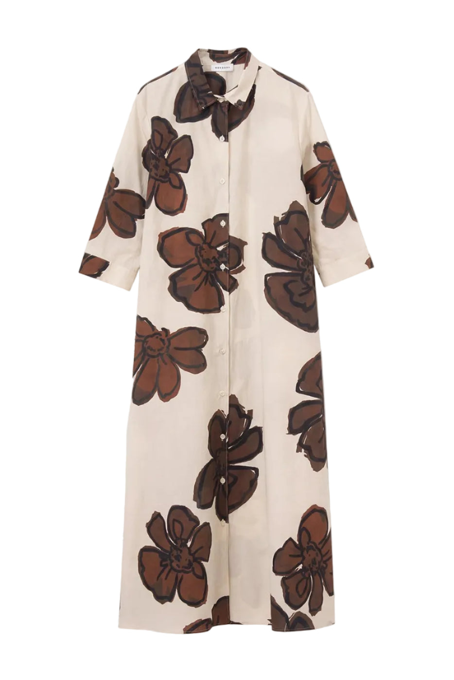 Long dress with brown floral pattern on a white background.