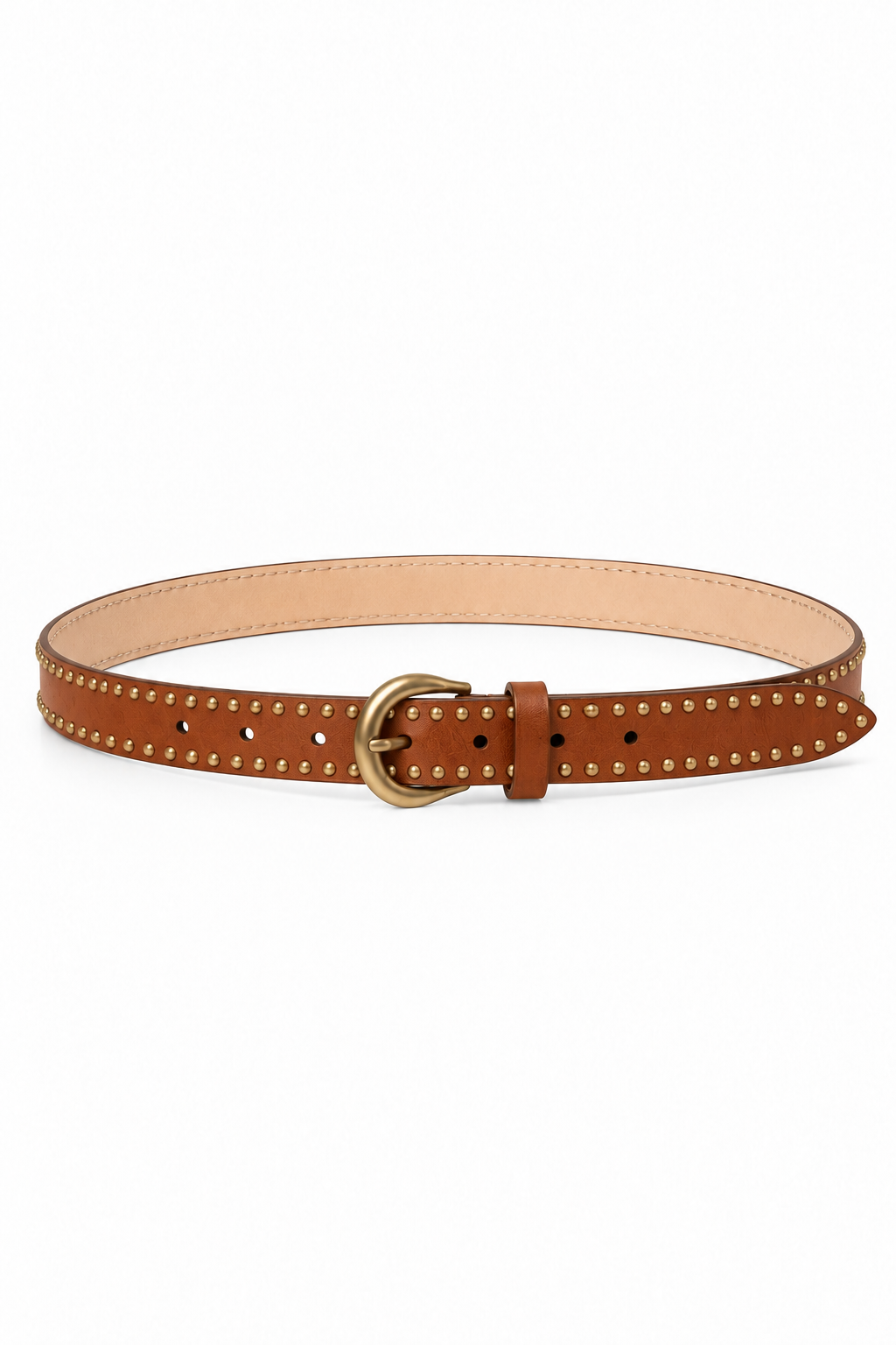 Cognac brown leather belt featuring two rows of evenly spaced antique brass-tone studs, a rounded gold-tone buckle, adjustable pin closure, and matching leather keeper, displayed on a white background.