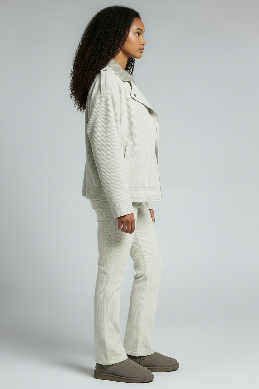 Person wearing a light gray coat and pants on a white background