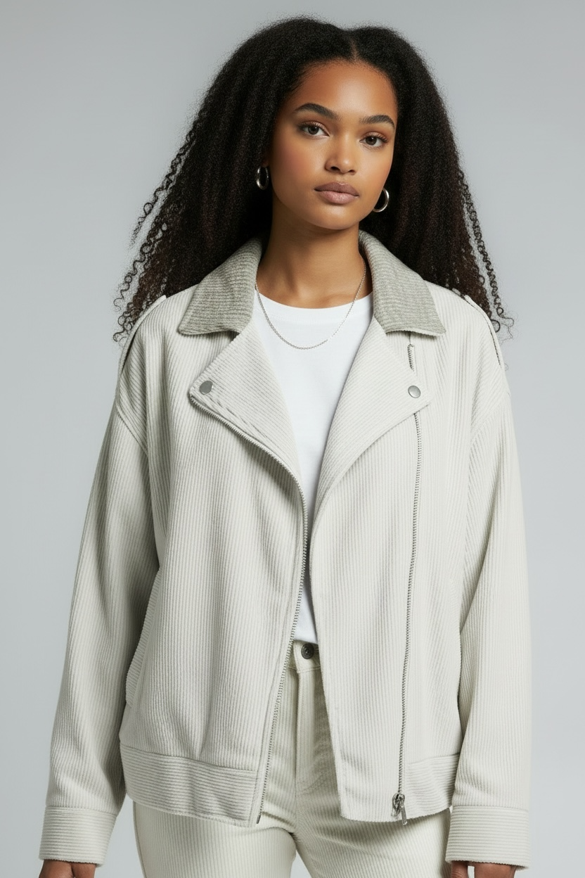 Woman wearing a light-colored jacket over a white top on a white background