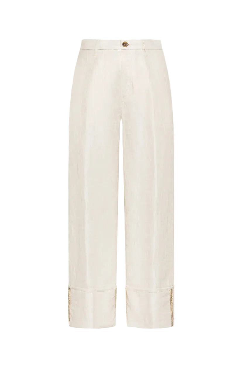 Off-white linen pants with a brown button and sparkle ankle detail on a white backgrond.