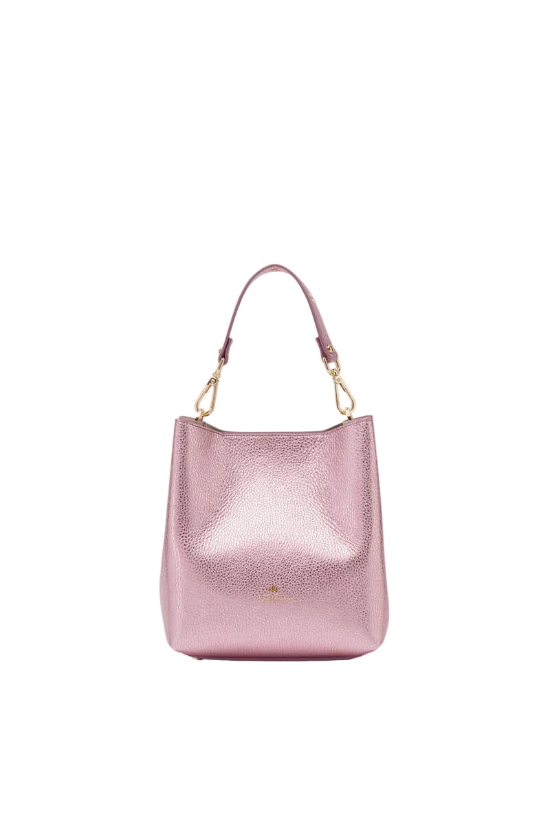 Pink handbag with gold handle on a white background.