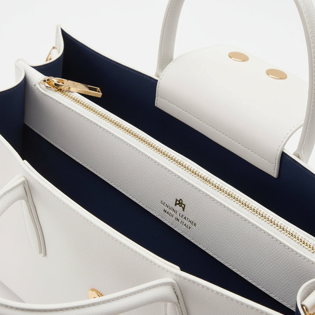 Close-up of a white handbag with gold zipper and navy interior.