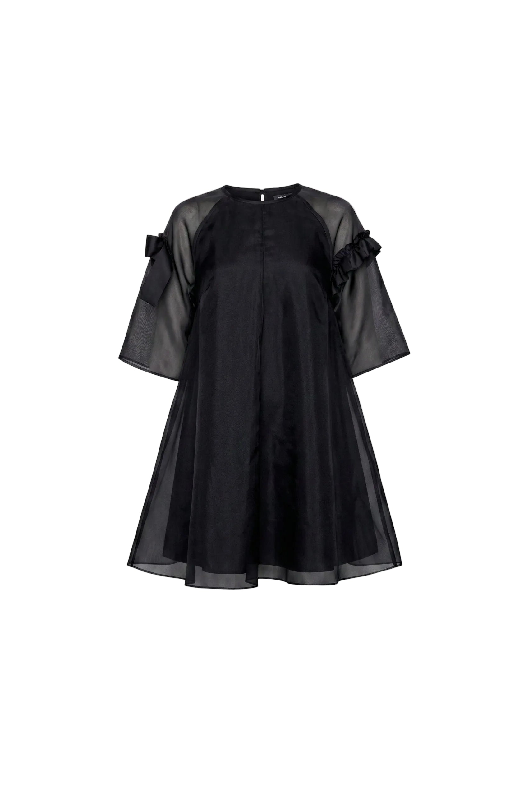 Black dress with sheer sleeves on a white background.