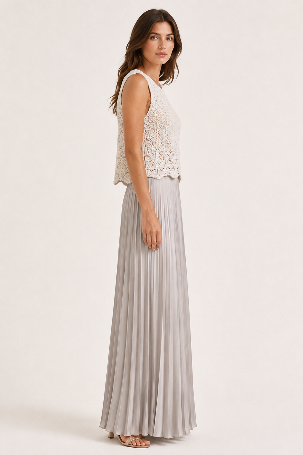 D.Exterior ivory crochet and pleated maxi dress on model, side view