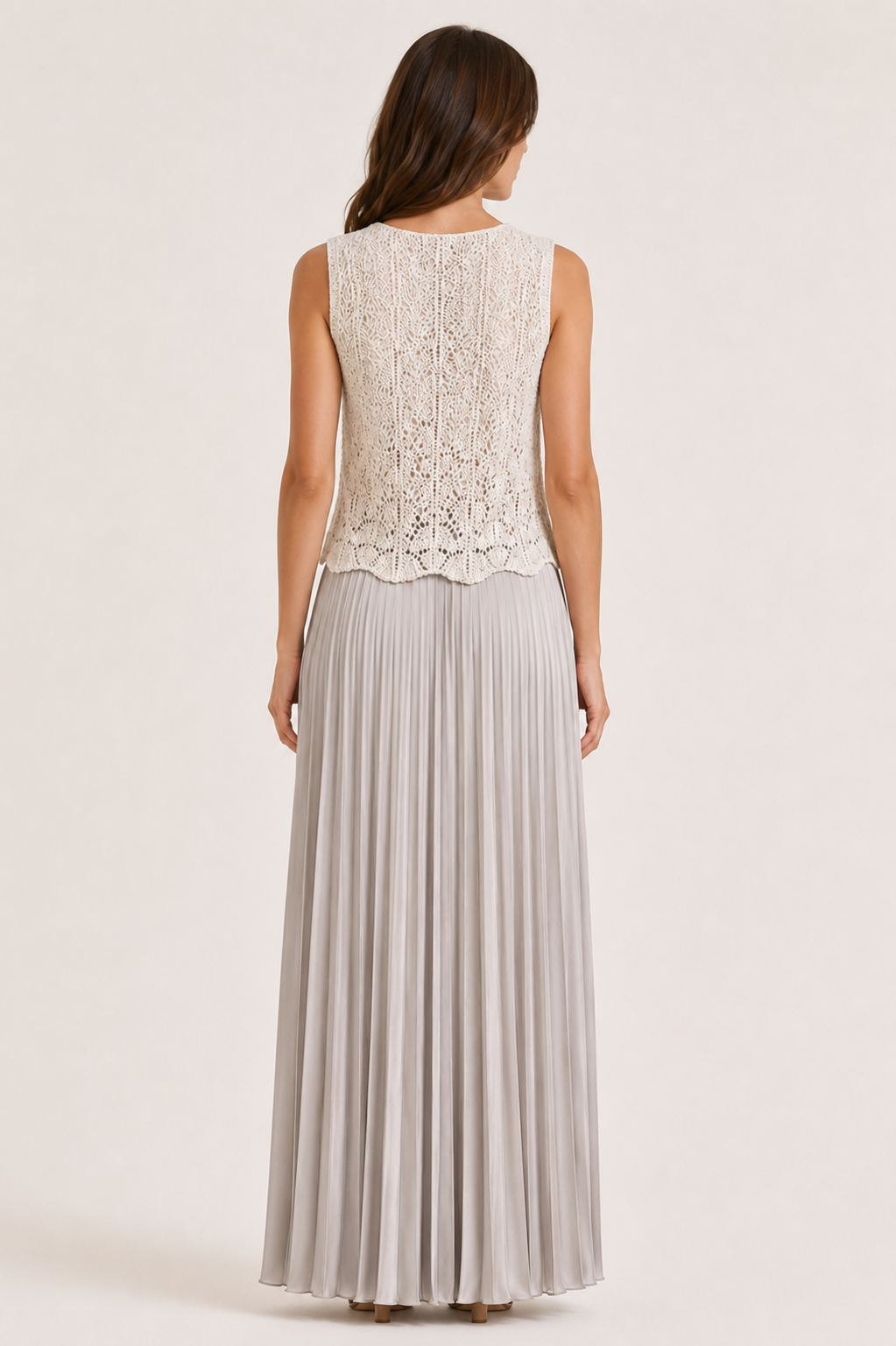 D.Exterior ivory crochet and pleated maxi dress on model, back view