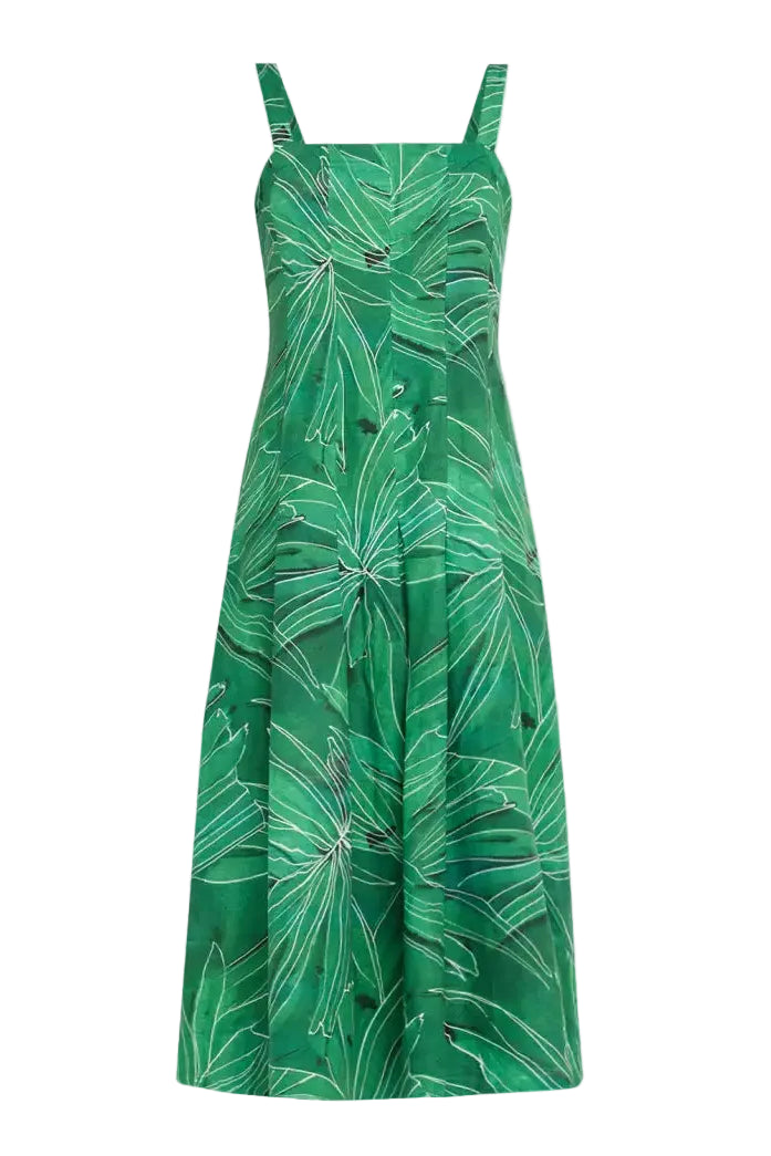 Green dress with leaf pattern on a white background