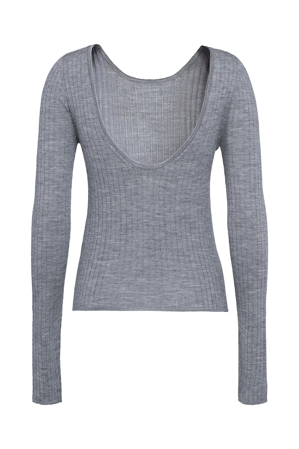 Gray long-sleeve sweater with an open back on a white background.